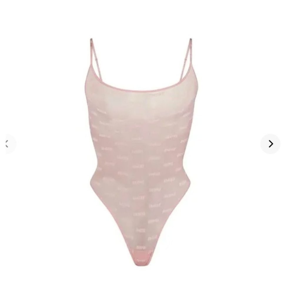 SKIMS Pink Sheer Logo-Print Thong Bodysuit